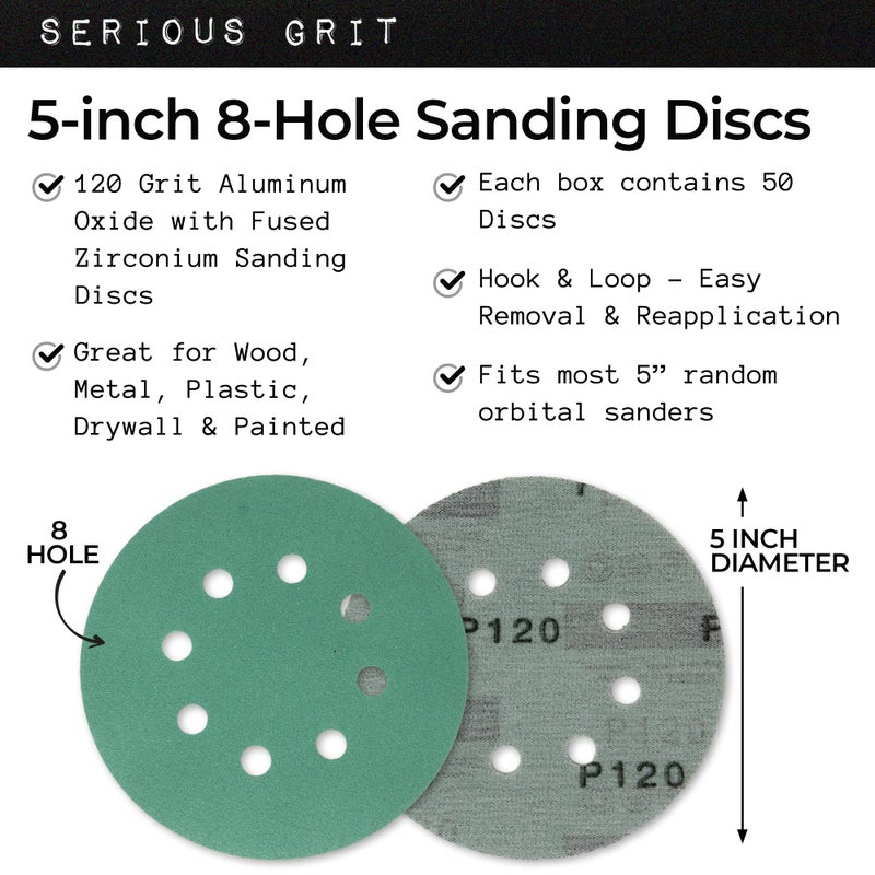 Serious Grit Sanding Discs 5 Inch 8 Hole 120 Grit - Heavy-Duty Hook & Loop Wet Dry Film Sandpaper Discs - Fine Grit Sand Paper for Random Orbital Sanders - Wood, Automotive, Metal, etc - 50 Pack Box - Image 2